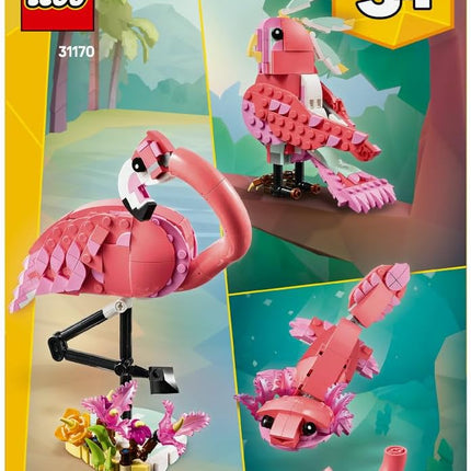 LEGO Creator 3in1 Wild Animals: Pink Flamingo 31170 Flamingo to Cockatoo to Axolotl, Animal Figure Toy, Gift for 8+ Year Old Boys & Girls, 288 Pieces
