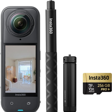 حزمة Insta360 X5 للجولات الافتراضية - صور HDR بزاوية 360 درجة بدقة 72 ميجابكسل، عصا سيلفي غير مرئية + حامل ثلاثي، بطارية 2400 مللي أمبير في الساعة