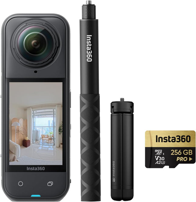 حزمة Insta360 X5 للجولات الافتراضية - صور HDR بزاوية 360 درجة بدقة 72 ميجابكسل، عصا سيلفي غير مرئية + حامل ثلاثي، بطارية 2400 مللي أمبير في الساعة