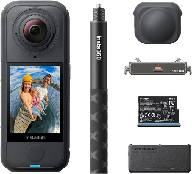 مجموعة Insta360 X4 Air الأساسية - كاميرا 360 خفيفة الوزن 165 جرام بدقة 8K، عصا سيلفي غير مرئية، عدسات قابلة للاستبدال، صوّر أولاً وأعد التأطير لاحقًا، واقي رياح مدمج، تثبيت FlowState، تطبيق مدعوم بالذكاء الاصطناعي