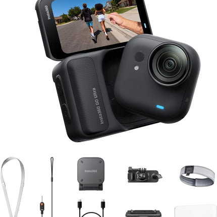 Insta360 GO Ultra Running Bundle Midnight Black - كاميرا 4K صغيرة بدون استخدام اليدين، خفيفة الوزن وقابلة للحمل، أداء ممتاز في الإضاءة المنخفضة، تثبيت في أي مكان، تثبيت FlowState، عمر بطارية 200 دقيقة