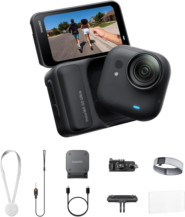 Insta360 GO Ultra Running Bundle Midnight Black - كاميرا 4K صغيرة بدون استخدام اليدين، خفيفة الوزن وقابلة للحمل، أداء ممتاز في الإضاءة المنخفضة، تثبيت في أي مكان، تثبيت FlowState، عمر بطارية 200 دقيقة