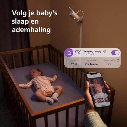 Philips Avent Premium Connected Baby Monitor, Avent's most advanced baby monitor yet with sleep and breathing monitoring via AI, Cry Translation, HD, app, SCD973/26