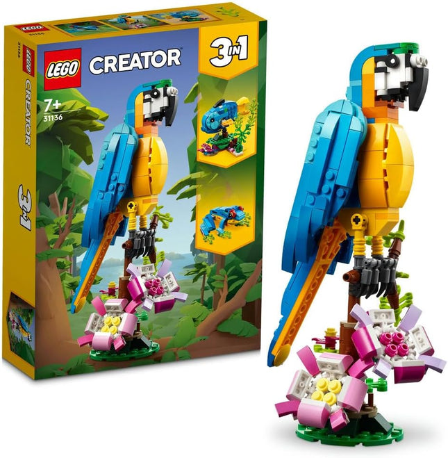 LEGO Creator 3in1 Exotic Parrot 31136 Parrot to Frog to Fish Animal Figures, Creative Building Toy, Gift for 7+ Year Old Boys & Girls, 253 Pieces