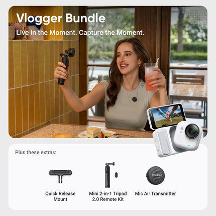 حزمة Insta360 GO Ultra Vlogger بيضاء - كاميرا مدونات فيديو صغيرة بدقة 4K، بدون استخدام اليدين، كاميرا POV، مستشعر 1/1.28 بوصة، خفيفة الوزن 53 جم، مجال رؤية 156 درجة، عمر بطارية 200 دقيقة، كاميرا حركة مغناطيسية يمكن ارتداؤها للرياضة، مدونات الفيديو