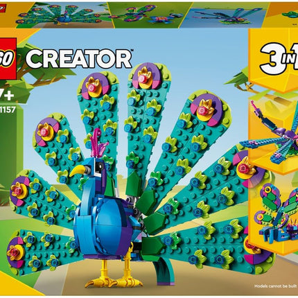LEGO Creator 3in1 Exotic Peacock 31157 Peacock to Dragonfly to Butterfly, Small Animal Toys, Gift for 7+ Year Old Boys & Girls, 355 Pieces