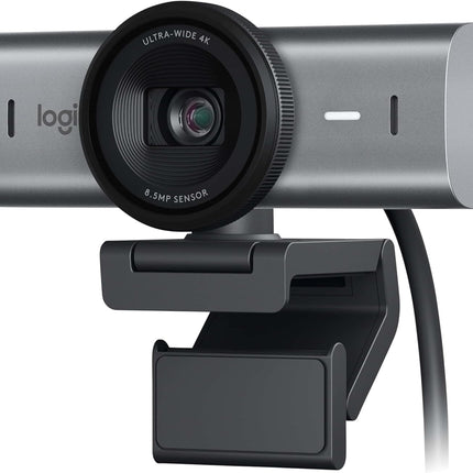كاميرا ويب Logitech MX Brio Ultra HD 4K للتعاون والبث، 1080 بكسل بمعدل 60 إطارًا في الثانية، ميكروفونات مزدوجة بخاصية تقليل الضوضاء، وضع العرض، USB-C، غطاء كاميرا الويب، تعمل مع Microsoft Teams، وZoom، وGoogle Meet - جرافيتي