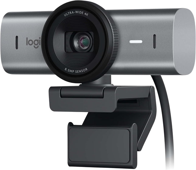 كاميرا ويب Logitech MX Brio Ultra HD 4K للتعاون والبث، 1080 بكسل بمعدل 60 إطارًا في الثانية، ميكروفونات مزدوجة بخاصية تقليل الضوضاء، وضع العرض، USB-C، غطاء كاميرا الويب، تعمل مع Microsoft Teams، وZoom، وGoogle Meet - جرافيتي