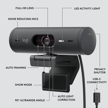 كاميرا ويب Logitech Brio 505 Full HD مع تصحيح الإضاءة التلقائي، والتأطير التلقائي، ووضع العرض، وميكروفونات مزدوجة بخاصية إلغاء الضوضاء، وغطاء خصوصية - تعمل مع Microsoft Teams وGoogle Meet وZoom، متوافقة مع TAA