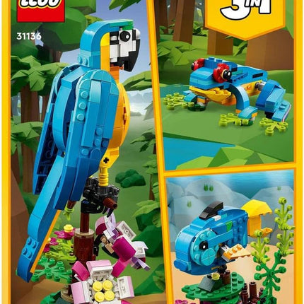 LEGO Creator 3in1 Exotic Parrot 31136 Parrot to Frog to Fish Animal Figures, Creative Building Toy, Gift for 7+ Year Old Boys & Girls, 253 Pieces