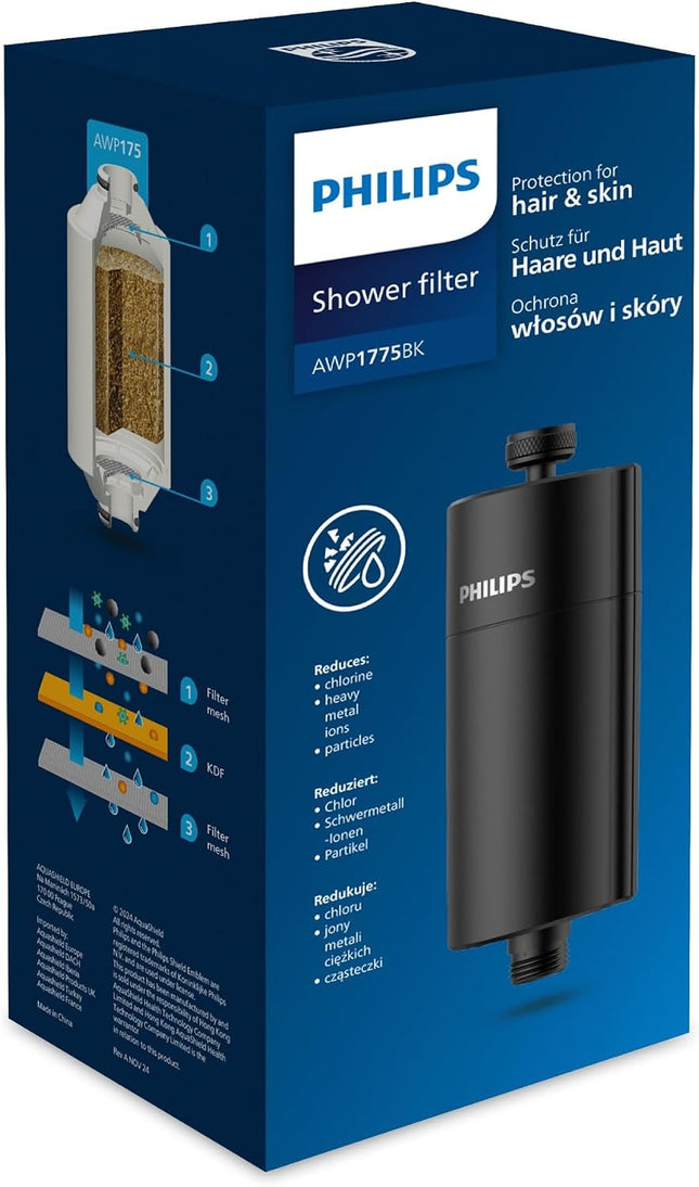 Philips Water AWP1775 in-Line Shower Filter and 1 Replacement Cartridge, 50 000 L Filtration Capacity, Black, Reduces Chlorine by up to 99%, Easy to Install, fits All Standard Hoses and taps
