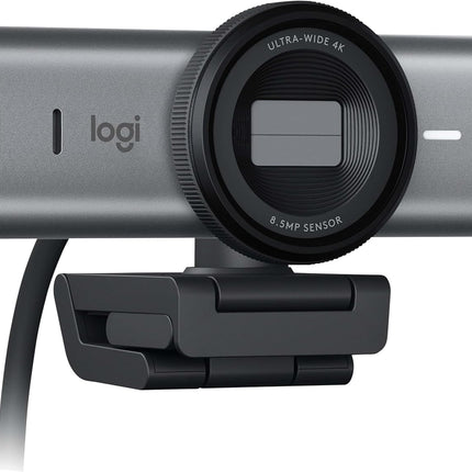 كاميرا ويب Logitech MX Brio Ultra HD 4K للتعاون والبث، 1080 بكسل بمعدل 60 إطارًا في الثانية، ميكروفونات مزدوجة بخاصية تقليل الضوضاء، وضع العرض، USB-C، غطاء كاميرا الويب، تعمل مع Microsoft Teams، وZoom، وGoogle Meet - جرافيتي