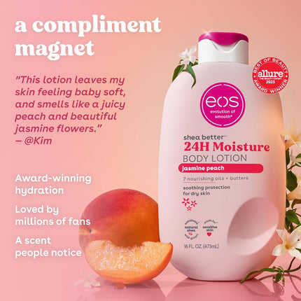 eos Shea Better Body Lotion- Jasmine Peach, 24-Hour Moisture Skin Care, Lightweight & Non-Greasy, Made with Natural Shea, Vegan, 16 fl oz