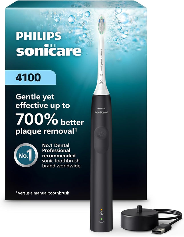 Philips Sonicare 4100 Rechargeable Electric Toothbrush with Pressure Sensor, Black HX3681/24, Manual, Adult