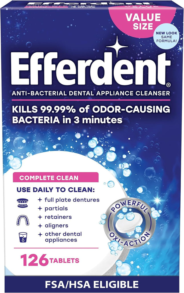 Efferdent Retainer Cleaning Tablets, Denture Cleanser Tablets for Dental Appliances, Complete Clean, 126 Tablets