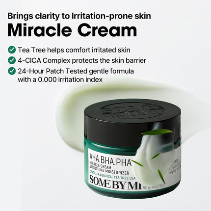 Some By Mi AHA BHA PHA 30 Days Miracle Cream 60ml, Made From Tea Tree Leaf Water For Sensitive Skin, Mild Moisturizer For Skin Calming & Soothing