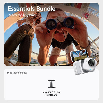 مجموعة Insta360 GO Ultra Essentials Bundle (أبيض قطبي) - كاميرا صغيرة 4K بدون استخدام اليدين، خفيفة الوزن ومحمولة، أداء ممتاز في الإضاءة المنخفضة، قابلة للتركيب في أي مكان، تثبيت FlowState، عمر بطارية 200 دقيقة