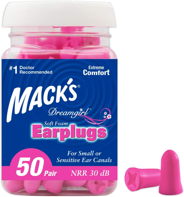 Mack's Dreamgirl Soft Foam Earplugs, 50 Pair, Pink - Small Ear Plugs for Sleeping, Snoring, Studying, Loud Events, Traveling and Concerts, 9350, Pink