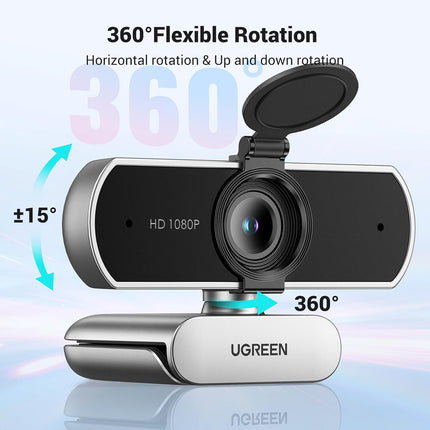 كاميرا ويب UGREEN 1080P ميكروفون كاميرا الكمبيوتر للابتوب بث فضي رمادي