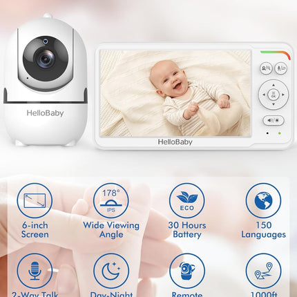HelloBaby HB6560 No WiFi Baby Monitor with Camera 6" IPS 30h Battery PTZ