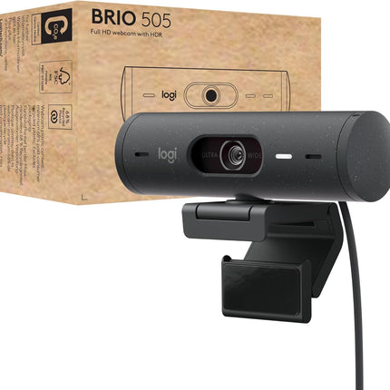 كاميرا ويب Logitech Brio 505 Full HD مع تصحيح الإضاءة التلقائي، والتأطير التلقائي، ووضع العرض، وميكروفونات مزدوجة بخاصية إلغاء الضوضاء، وغطاء خصوصية - تعمل مع Microsoft Teams وGoogle Meet وZoom، متوافقة مع TAA