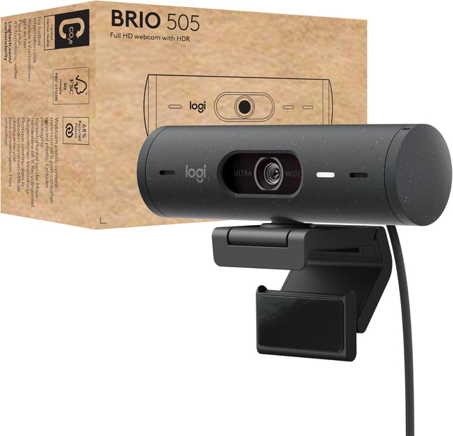 كاميرا ويب Logitech Brio 505 Full HD مع تصحيح الإضاءة التلقائي، والتأطير التلقائي، ووضع العرض، وميكروفونات مزدوجة بخاصية إلغاء الضوضاء، وغطاء خصوصية - تعمل مع Microsoft Teams وGoogle Meet وZoom، متوافقة مع TAA