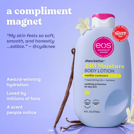 eos Shea Better Body Lotion- Vanilla Cashmere, 24-Hour Moisture Skin Care, Lightweight & Non-Greasy, Made with Natural Shea, Vegan, 16 fl oz