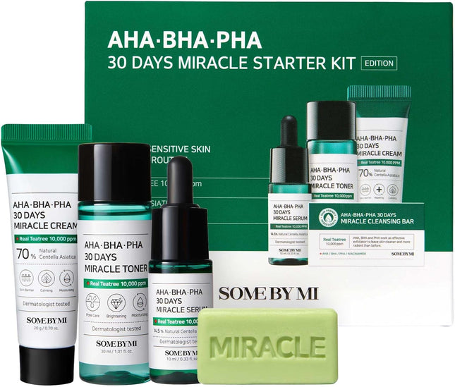 Some By Mi AHA-BHA-PHA 30 Days Miracle Starter Kit | Toner 30Ml + Serum 10Ml + Cream 20G + Cleansing Bar 30G | Set Of 4 Travel Kit