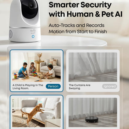 كاميرا داخلية من eufy Security بدقة 2K قابلة للتحريك والإمالة، كاميرا أمن منزلية داخلية، ذكاء اصطناعي للكشف عن البشر والحيوانات الأليفة، تعمل مع المساعدات الصوتية، تتبع الحركة، رؤية ليلية، تتطلب بطاقة MicroSD، لا تتطلب HomeBase.