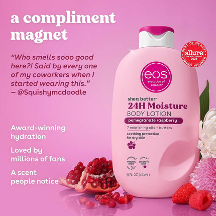 eos Shea Better Body Lotion- Pomegranate Raspberry, 24-Hour Moisture Skin Care, Lightweight & Non-Greasy, Made with Natural Shea, Vegan, 16 fl oz