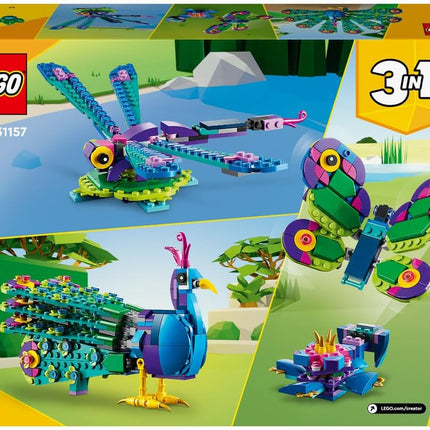 LEGO Creator 3in1 Exotic Peacock 31157 Peacock to Dragonfly to Butterfly, Small Animal Toys, Gift for 7+ Year Old Boys & Girls, 355 Pieces