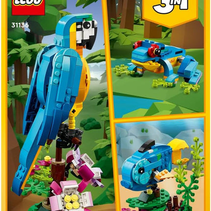 LEGO Creator 3in1 Exotic Parrot 31136 Parrot to Frog to Fish Animal Figures, Creative Building Toy, Gift for 7+ Year Old Boys & Girls, 253 Pieces