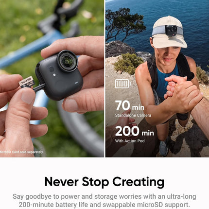 حزمة Insta360 GO Ultra Family Bundle (أسود منتصف الليل) - كاميرا 4K صغيرة محمولة باليد، خفيفة الوزن ومحمولة، أداء ممتاز في الإضاءة المنخفضة، تثبت في أي مكان، تثبيت FlowState، عمر بطارية 200 دقيقة
