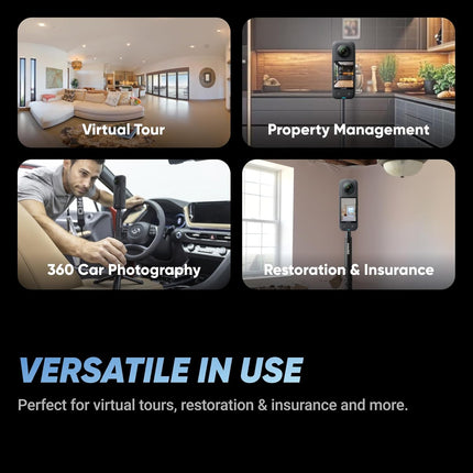 حزمة Insta360 X5 للجولات الافتراضية - صور HDR بزاوية 360 درجة بدقة 72 ميجابكسل، عصا سيلفي غير مرئية + حامل ثلاثي، بطارية 2400 مللي أمبير في الساعة