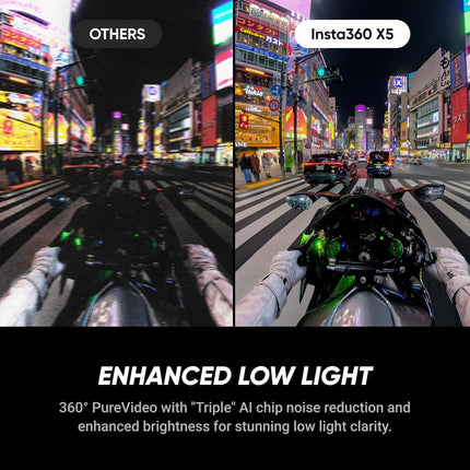 كاميرا Insta360 X5 - كاميرا تصوير بانورامي 8K مقاومة للماء، أداء رائد في الإضاءة المنخفضة، تأثير عصا سيلفي غير مرئية، عدسة متينة وقابلة للاستبدال، بطارية تدوم 3 ساعات، تصميم بثلاث شرائح معالجة بالذكاء الاصطناعي