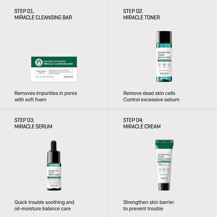 Some By Mi AHA-BHA-PHA 30 Days Miracle Starter Kit | Toner 30Ml + Serum 10Ml + Cream 20G + Cleansing Bar 30G | Set Of 4 Travel Kit