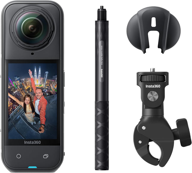 حزمة Insta360 X5 للدراجات النارية، كاميرا أكشن مقاومة للماء 8K بزاوية 360 درجة، عدسات متينة قابلة للتبديل، بطارية تدوم 3 ساعات، صوت واضح، تثبيت، تأثير عصا السيلفي غير المرئية، أداء رائع في الإضاءة المنخفضة