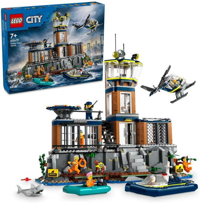 LEGO City Police Prison Island 60419 Police Toy, Helicopter, Boat, 7 Minifigures plus Dog & Shark Figures, Gift for 7+ Year Old Boys & Girls, 980 Pieces