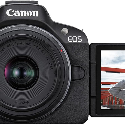Canon EOS R50 Mirrorless Camera RF-S18-45mm F4.5-6.3 is STM Lens Kit, 24.2 Megapixel CMOS (APS-C) Sensor, 4K Video, Hybrid Camera, Photo and Video, Vlogging, Content Creator, RF Mount, Black