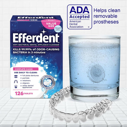 Efferdent Retainer Cleaning Tablets, Denture Cleanser Tablets for Dental Appliances, Complete Clean, 126 Tablets