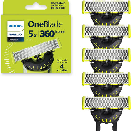 شفرات بديلة أصلية 5x 360 OneBlade من فيليبس - تناسب جميع مقابض OneBlade - ستانلس ستيل متين - تكفي لمدة 20 شهرًا، موديل QP450/50