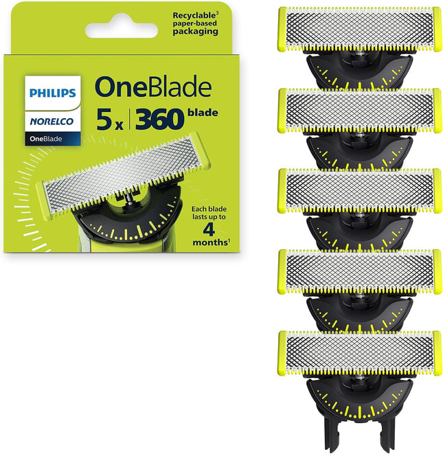 شفرات بديلة أصلية 5x 360 OneBlade من فيليبس - تناسب جميع مقابض OneBlade - ستانلس ستيل متين - تكفي لمدة 20 شهرًا، موديل QP450/50