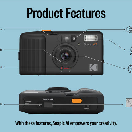 KODAK Snapic A1 كاميرا فيلم 35 ملم، قابلة لإعادة الاستخدام، تركيز بمنطقتين، خفيفة الوزن، مدمجة (رمادي راينو) (لا يشمل الفيلم وبطارية AAA)